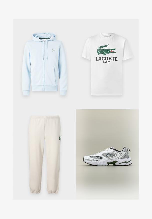 Hellblaues Zip-Hoodie aus Baumwollmischung, mit Kängurutasche, gerippten Bündchen und einem kleinen grünen Logo auf der linken Brust.; Lacoste T-Shirt print - white; Helle beige Sweatpants aus Baumwolle mit einem elastischen Bund, gerippten Bündchen und einem grünen Logo mit Blattdesign am linken Bein.; Weiße und graue sportliche Laufschuhe mit Netzeinsätzen, grünen Akzenten, schwarzen Details und einem Logo an der Seite, von der Außenseite gezeigt.