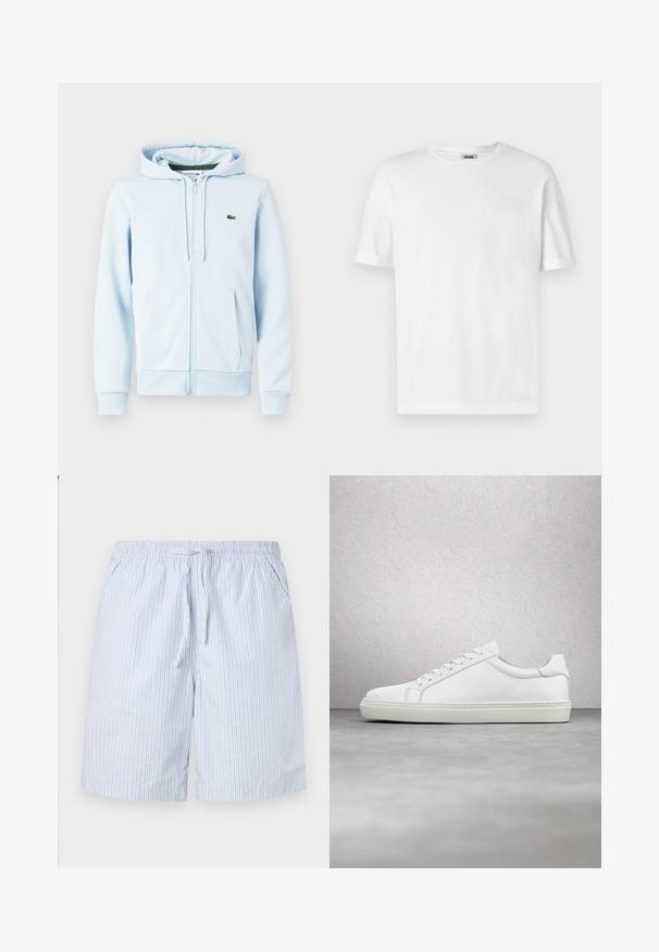Hellblaues Zip-Hoodie aus Baumwollmischung, mit Kängurutasche, gerippten Bündchen und einem kleinen grünen Logo auf der linken Brust.; Weißes Baumwoll-T-Shirt mit Rundhalsausschnitt, kurzen Ärmeln und umgeschlagenen Bündchen; schlichtes Design, weiche Textur und gerade geschnitten.; Blaue und weiße gestreifte Badeshorts aus leichtem Material, mit einem elastischen Bund und Kordelzug sowie seitlichen Taschen.; Weißer Sneaker mit glattem Lederobermaterial und niedrigem Profil. Verfügt über eine runde Zehenpartie, sechs Ösen und eine strukturierte Gummisohle.
