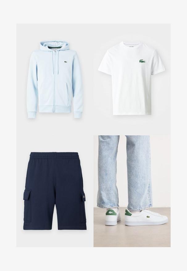 Svetlomodrá zipsová mikina z bavlnenej zmesi, s klokankovou kapsou, ribovanými manžetami a malým zeleným logom na ľavej strane hrude.; Lacoste Tričko s potlačou - white/green; Námornícky modré cargo šortky vyrobené z mäkkej látky, s elastickým pásom, dvoma bočnými vreckami a malým logom na ľavom vrecku.; Biele kožené tenisky s zelenými akcentmi na päte a vyšívaným logom. Hladký povrch, nízky dizajn, skombinované s svetlomodrými džínsami.
