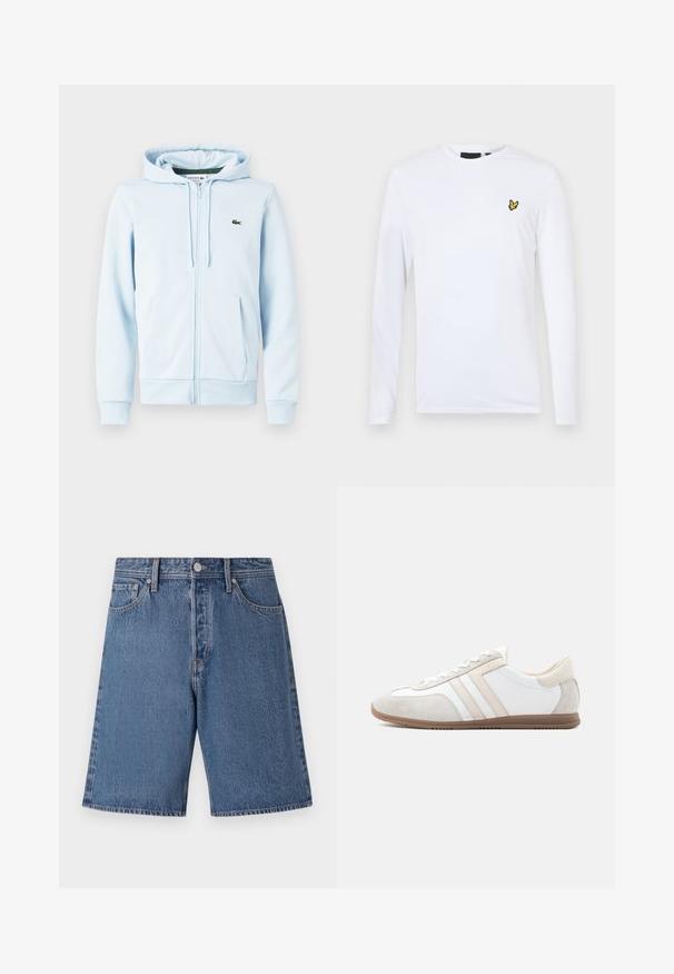 Hellblaues Zip-Hoodie aus Baumwollmischung, mit Kängurutasche, gerippten Bündchen und einem kleinen grünen Logo auf der linken Brust.; Langärmliges weißes Hemd aus Baumwolle mit einem kleinen gelben gestickten Logo auf der linken Brust. Einfaches Design mit Rundhalsausschnitt.; Jeansshorts in hellblau mit ausgewaschenem Finish, Fünf-Taschen-Design und einem Knopfverschluss am Bund.; Schlichter weiß-beiger Sneaker mit Wildlederelementen, Schnürverschluss und brauner Gummisohle, Seitenansicht auf schlichtem Hintergrund gezeigt.