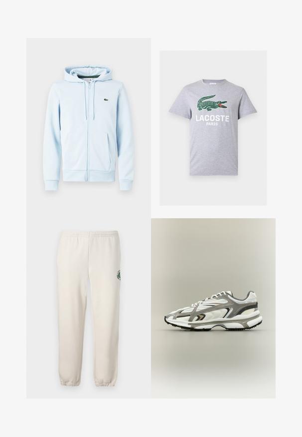 Hellblaues Zip-Hoodie aus Baumwollmischung, mit Kängurutasche, gerippten Bündchen und einem kleinen grünen Logo auf der linken Brust.; Hellgraues T-Shirt mit kurzen Ärmeln, grünem Krokodil-Logo und weißem "LACOSTE PARIS"-Text, der mittig auf der Brust platziert ist.; Helle beige Sweatpants aus Baumwolle mit einem elastischen Bund, gerippten Bündchen und einem grünen Logo mit Blattdesign am linken Bein.; Sportschuh mit einem weißen Mesh-Obermaterial, grauen Akzenten, schwarzer Gummisohle und einem aerodynamischen Design. Verfügt über Schnürsenkel und strukturierte Details.