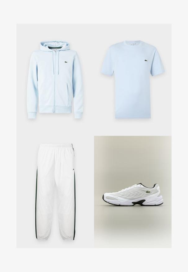 Hellblaues Zip-Hoodie aus Baumwollmischung, mit Kängurutasche, gerippten Bündchen und einem kleinen grünen Logo auf der linken Brust.; Helles blaues T-Shirt mit kurzen Ärmeln aus weichem Baumwollmaterial. Verfügt über ein kleines grünes gesticktes Krokodil-Logo auf der Brust.; Weiße Trainingshose mit dunkelgrünen Seiteneinsätzen. Leichtes Material, elastischer Bund und gerippte Säume. Mit Netzstruktur an den Seiteneinsätzen.; Weißer Sportschuh mit strukturiertem Mesh-Obermaterial, geschwungenem Design und kontrastierender schwarzer Laufsohle. Mit grünem gesticktem Logo an der Seite.