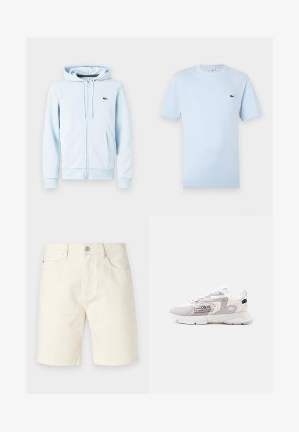 Hellblaues Zip-Hoodie aus Baumwollmischung, mit Kängurutasche, gerippten Bündchen und einem kleinen grünen Logo auf der linken Brust.; Helles blaues T-Shirt mit kurzen Ärmeln aus weichem Baumwollmaterial. Verfügt über ein kleines grünes gesticktes Krokodil-Logo auf der Brust.; Helle beige Jeansshorts mit klassischem Schnitt, ausgestattet mit vorderen Taschen, Gürtelschlaufen und einer Knopfverschluss. Glatte Textur in einfarbiger Ausführung.; Weiße und hellgraue Lacoste-Sneaker mit Mesh-Einsätzen, Wildleder-Akzenten, dicker Sohle und aufgedruckten Koordinatendetails an der Seite.