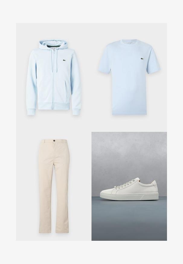 Hellblaues Zip-Hoodie aus Baumwollmischung, mit Kängurutasche, gerippten Bündchen und einem kleinen grünen Logo auf der linken Brust.; Helles blaues T-Shirt mit kurzen Ärmeln aus weichem Baumwollmaterial. Verfügt über ein kleines grünes gesticktes Krokodil-Logo auf der Brust.; Helle beige Baumwollhose mit geradem Bein, vorn mit Knopfverschluss, Reißverschluss und minimalen Nähten.; Weißes Leder-Sneaker mit abgerundetem Zehenbereich, minimalistisches Design, graue Schnürsenkel und einer strukturierten grauen Gummisohle. Dezente Nähte sichtbar.