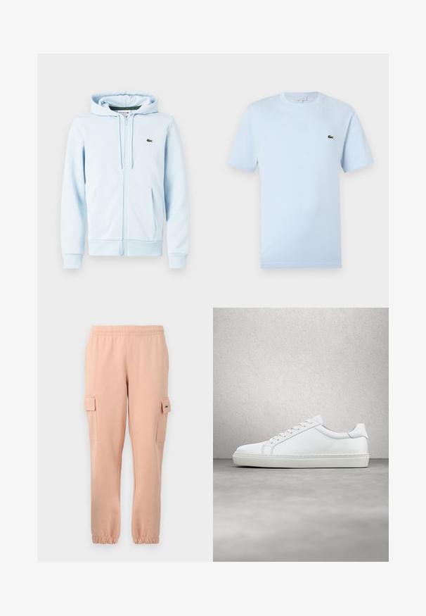 Lys blå zip-up hoodie i bomuldsblanding, med en kengurulomme, ribbede manchetter og et lille grønt logo på venstre brystområde.; Lyseblå kortærmet T-shirt lavet af blødt bomuldsstof. Har et lille grønt broderet krokodille-logo på brystet.; Lyserøde bomuldsjoggers med elastisk talje, ribbede manchetter, to sidelommer og et lille logo-patch på en af lommerne.; Hvide sneakers med en glat læderoverdel og lav profil. Har en rund tå, seks snørehuller og en tekstureret gummisål.