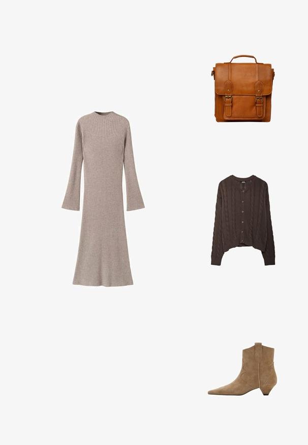Cardigan marron en tricot avec un motif en câble, col rond et fermeture à boutons. Les poignets et l'ourlet côtelés ajoutent de la texture au design.; Robes à manches longues côtelées en beige clair, avec un col montant et des manches évasées, fabriquées à partir d'un tissu en tricot doux et texturé.; Bottine en daim marron clair avec bout pointu, découpes latérales uniques et talon bas et angulaire. Dotée d'une languette arrière pour faciliter l'enfilage.; Sac en cuir brun avec une finition texturée, doté de deux boucles à l'avant, de coutures blanches, d'une poignée supérieure et d'une bandoulière amovible.