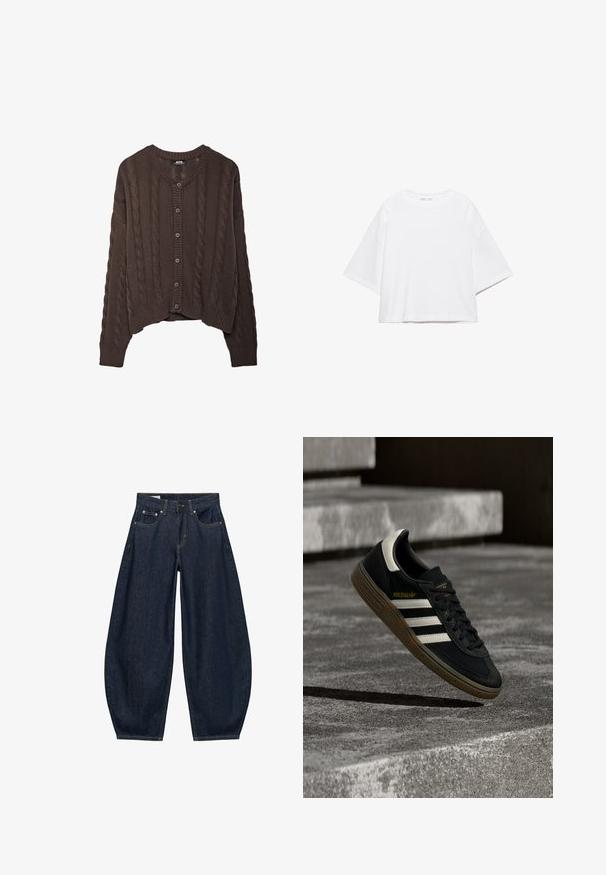Bruine gebreide cardigan met kabelpatroon, ronde halslijn en knoopsluiting. Ribgebreide manchetten en zoom voegen textuur toe aan het ontwerp.; Wit, kort mouw, boxy t-shirt gemaakt van zacht katoen. Heeft een ronde hals en brede mouwen, met een strak, eenvoudig ontwerp.; Donkerblauwe denim jeans met wijde pijpen, voorzakken, riemlussen en een knoopsluiting in de taille.; Zwarte Adidas sneaker met witte strepen en gumzool die boven grijze betonnen trappen zweeft in natuurlijk licht.