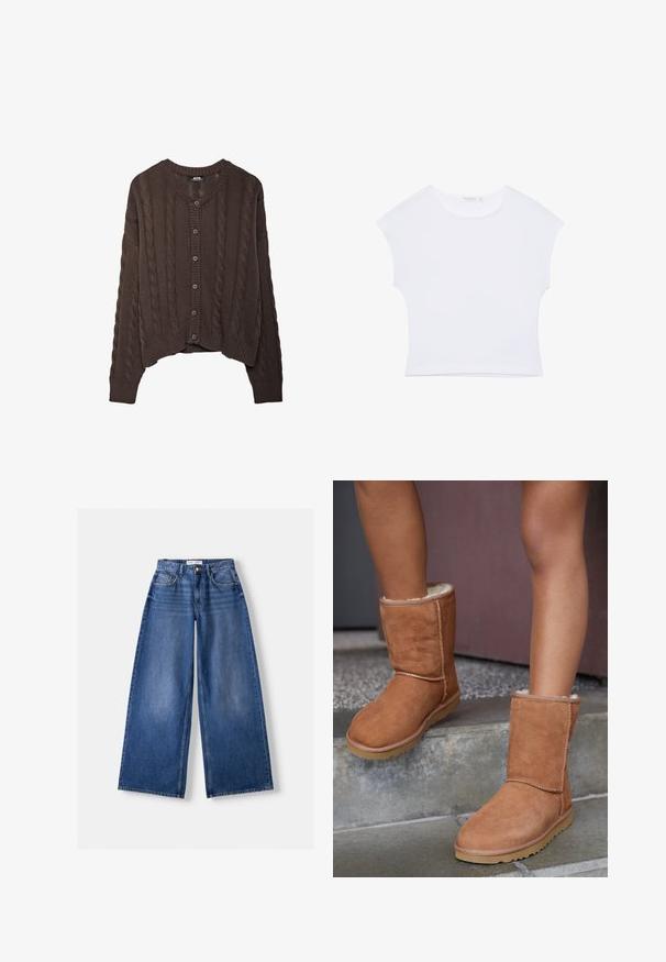 Cardigan marron en tricot avec un motif en câble, col rond et fermeture à boutons. Les poignets et l'ourlet côtelés ajoutent de la texture au design.; T-shirt court blanc à manches courtes avec col rond, en tissu lisse, posé à plat sur un fond blanc.; Jeans en denim bleu à jambes larges avec poches avant, passants de ceinture et fermeture par bouton, posés à plat sur un fond clair.; Bottines en suede marron, à bout rond, avec une doublure douce et une semelle en caoutchouc, présentant des détails de couture visibles le long des coutures.