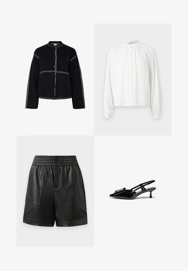 Chaqueta negra de botón con un cuello alto. Presenta costuras y botones en contraste de color blanco a lo largo de las costuras, forma estructurada y mangas largas.; Blusa blanca de manga larga con cuello redondo y fruncido y cierre frontal con botones. Está hecha de una tela suave con mangas ligeramente abullonadas.; Pantalones cortos de imitación cuero negro con cinturilla elástica, botón a presión en la parte delantera, grandes bolsillos de parche en la parte delantera y dobladillo recto.; Zapatos de tacón slingback de charol negro con punta afilada, detalle de lazo en el frente y un pequeño tacón de aguja. Las correas tienen hebillas ajustables.