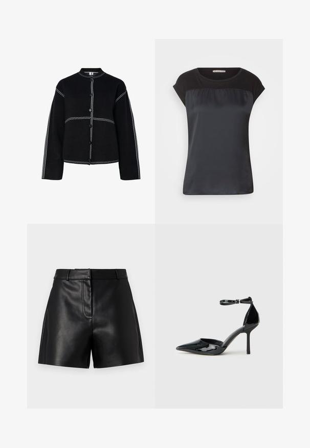 Chaqueta negra de botón con un cuello alto. Presenta costuras y botones en contraste de color blanco a lo largo de las costuras, forma estructurada y mangas largas.; Top negro de manga corta con un panel frontal satinado y tejido mate en los hombros. Textura suave con un corte holgado.; Pantalones cortos de cuero negro con una textura suave, que presentan una cinturilla ajustada, detalles de costura en la parte delantera y aberturas laterales para un estilo adicional.; Zapato de charol negro de tacón alto con punta afilada, correa en el tobillo y tacón de aguja delgado; textura suave y brillante con un diseño minimalista.
