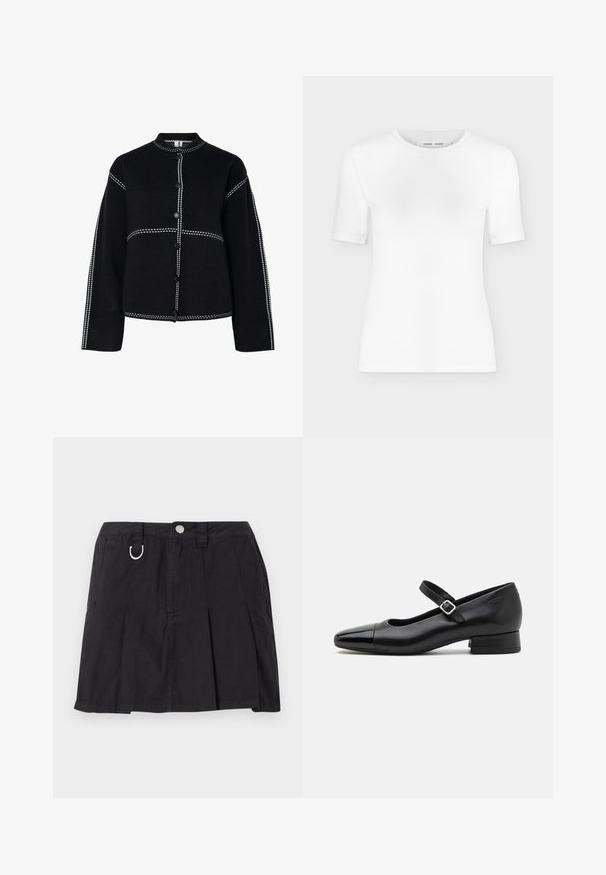 Chaqueta negra de botón con un cuello alto. Presenta costuras y botones en contraste de color blanco a lo largo de las costuras, forma estructurada y mangas largas.; Camiseta blanca de manga corta con cuello redondo, ajuste slim y textura de tejido acanalado, mostrada sobre un fondo liso gris claro.; Falda negra plisada de algodón, con cierre de botones en la parte delantera, lazos para cinturón y un acento en forma de D en la cinturilla.; Zapatos Mary Jane de cuero negro con puntera de charol, correa de tobillo ajustable y tacón bajo. Textura suave y diseño elegante.