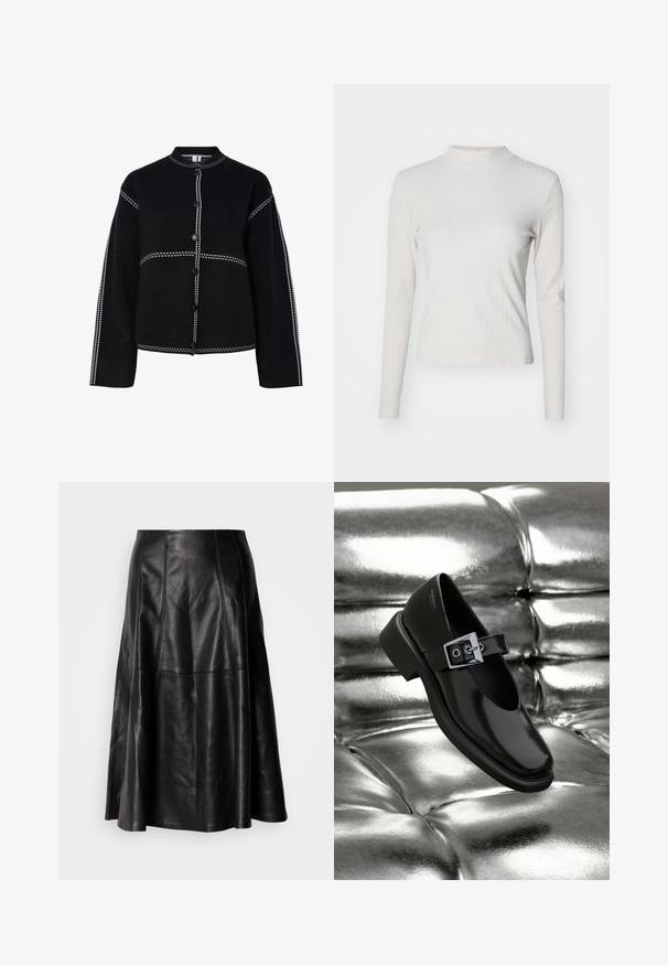 Schwarze Hemdjacke mit hohem Kragen. Sie verfügt über kontrastierende weiße Nähte entlang der Nähte und Knöpfe, hat eine strukturierte Form und lange Ärmel.; Langärmliges, hellbeiges, geripptes Oberteil mit Stehkragen und glatter Textur, das eine figurbetonte Form und minimale Designakzente aufweist.; Schwarzer Lederrock mit ausgestellter Silhouette, sichtbaren Nähten und glatter Textur. Mittellanges Design mit klassischem Schnitt.; Schwarze Leder-Mary-Jane-Schuhe mit quadratischer Zehenform, einem silbernen Schnallenakzent und einem robusten, niedrigen Absatz, vor einem glänzenden silbernen Hintergrund.