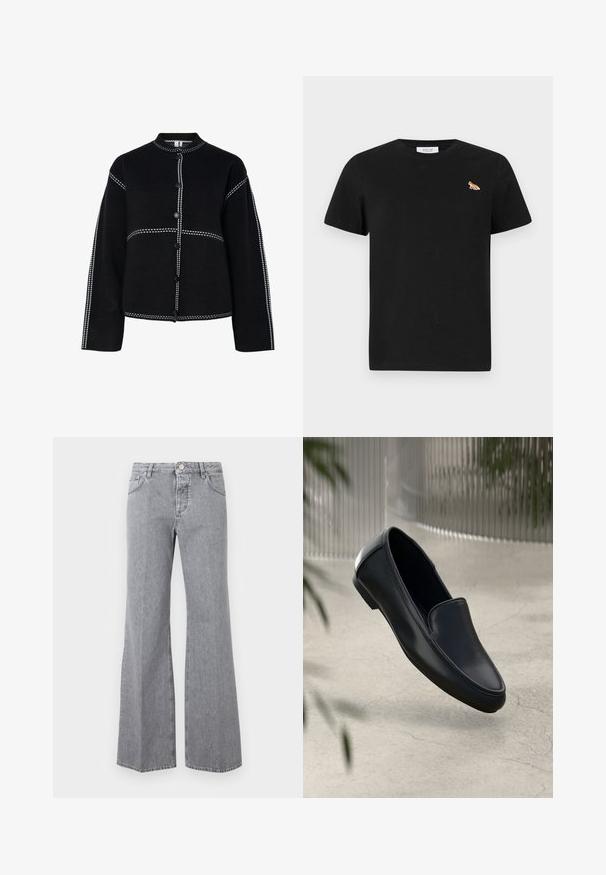 Chaqueta negra de botón con un cuello alto. Presenta costuras y botones en contraste de color blanco a lo largo de las costuras, forma estructurada y mangas largas.; Camiseta negra de manga corta hecha de algodón, con un pequeño zorro bordado en naranja y blanco en el área del pecho izquierdo.; Vaqueros de mezclilla grises de cintura alta con botón frontal y cremallera, cinco bolsillos y piernas anchas acampanadas, mostrados sobre un fondo liso.; Mocasines de cuero negro con una textura suave, diseño de punta afilada y costuras mínimas. Cuentan con una suela plana de goma para mayor comodidad.