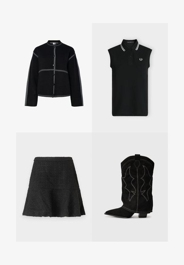 Veste noire à boutonner avec col montant. Dotée de coutures blanches contrastantes le long des coutures et des boutons, d'une forme structurée et de manches longues.; Polo noir sans manches avec deux boutons noirs, double rayures blanches sur le col et petit logo laurier blanc sur la poitrine.; Jupe évasée noire texturée en ligne A avec ourlet évasé et motif à carreaux subtil sur fond uni.; Botte de cowboy en suede noir avec un bout pointu, un petit talon et des coutures décoratives blanches, présentant un motif en forme de flamme sur la tige.