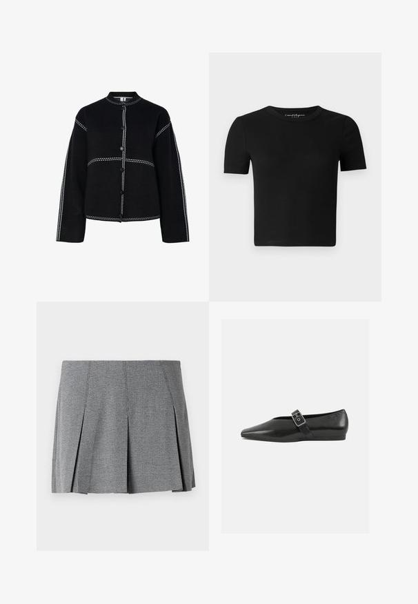 Schwarze Hemdjacke mit hohem Kragen. Sie verfügt über kontrastierende weiße Nähte entlang der Nähte und Knöpfe, hat eine strukturierte Form und lange Ärmel.; Schwarzes, eng anliegendes T-Shirt mit kurzen Ärmeln, gerippter Textur und rundem Ausschnitt. Einfaches Design, keine sichtbaren Logos oder Verzierungen.; Grauer, plissierter Minirock aus strukturiertem Stoff, mit Karomuster und geradem Schnitt sowie seitlichen Schlitzen.; Schwarze Lederflachschuhe mit spitzem Zehenbereich, ausgestattet mit einem metallischen Riemen über dem Spann und einer niedrigen, flexiblen Sohle.