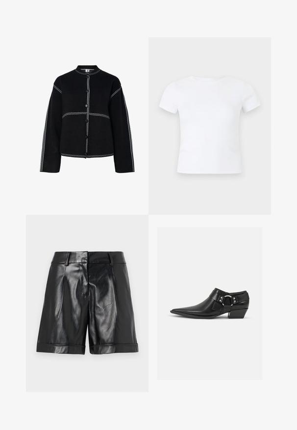 Chaqueta negra de botón con un cuello alto. Presenta costuras y botones en contraste de color blanco a lo largo de las costuras, forma estructurada y mangas largas.; Camiseta blanca lisa de manga corta con cuello redondo, presentada sobre un fondo neutro de color gris claro.; Shorts de cuero negro con un acabado brillante, pliegues frontales y un dobladillo enrollado. Diseño elegante con una cinturilla ajustada y hardware minimalista.; Botas de cuero negras hasta el tobillo con puntera puntiaguda, que presentan una correa de cuero en la parte delantera y un detalle de hebilla plateada, además de un tacón bajo y cuadrado.