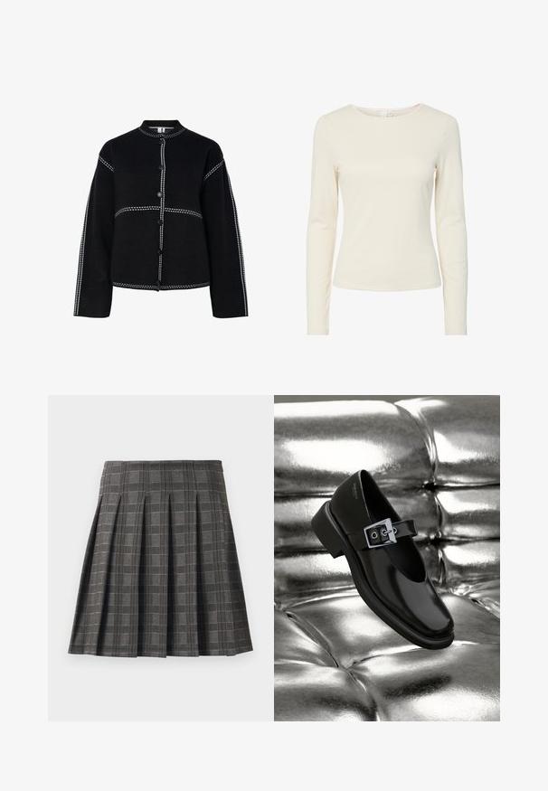 Chaqueta negra de botón con un cuello alto. Presenta costuras y botones en contraste de color blanco a lo largo de las costuras, forma estructurada y mangas largas.; Camisa de mujer ajustada de manga larga en color crema, con cuello redondo y textura suave, exhibida sobre un fondo blanco.; Falda plisada en un patrón de cuadros grises, hecha de una tela texturizada. Presenta pliegues verticales y un dobladillo recto.; Zapato Mary Jane negro de cuero con punta cuadrada, acento de hebilla plateada y un tacón bajo y grueso, colocado sobre un fondo plateado brillante.