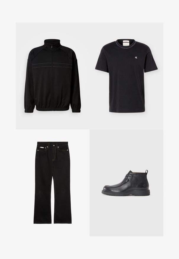 Sort zip-jakke lavet af blødt stof, med høj krave, elastiske manchetter og dekorative vandrette striber over brystet.; Sort T-shirt med korte ærmer og rund hals, med lille hvidt "cK"-logo på venstre bryst, klassisk pasform, ensfarvet design.; Sorte jeans med lige ben, orange syning, fem lommer, knaplukning og et lille Calvin Klein-mærke på den forreste højre lomme.; Sorte læder ankelstøvler med rund tå, snørelukning og en løkke bagpå. Tekstureret overdel og gummisål.