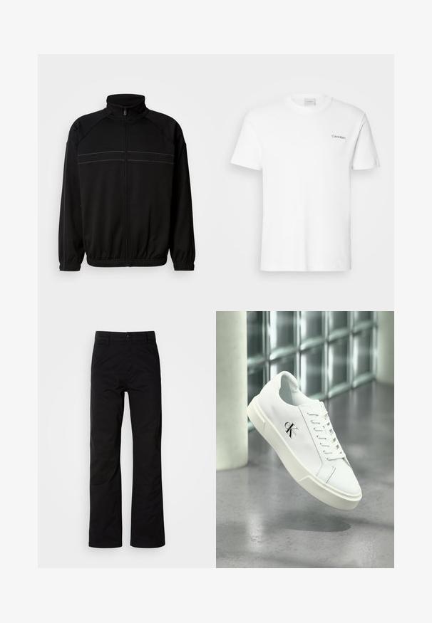 Sort zip-jakke lavet af blødt stof, med høj krave, elastiske manchetter og dekorative vandrette striber over brystet.; Hvid bomulds T-shirt med korte ærmer og rund halsudskæring. Har et lille sort "Calvin Klein" logo på venstre bryst.; Sort bomuldsbukser med lige ben, der har knaplukning og bæltestropper. Glat tekstur og minimalistisk stil uden synlige mønstre.; Hvid Calvin Klein sneaker med snørebånd, vist svævende over en poleret betongulv og en baggrund af glasblokke.