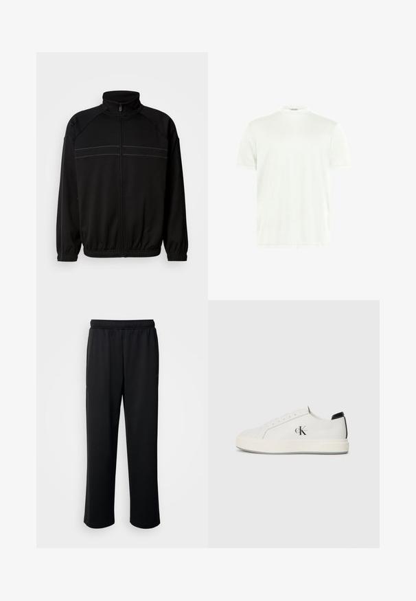 Zwarte zip-up jas van zacht materiaal, met een hoge kraag, elastische manchetten en decoratieve horizontale strepen over de borst.; Witte T-shirt met ronde hals gemaakt van zachte stof. Korte mouwen, zonder patronen. Eenvoudig ontwerp met een rechte zoom en minimale details.; Zwarte sportbroek van zachte, ademende stof. Beschikt over een elastische tailleband en rechte pijpen zonder opvallende accenten of patronen.; Witte leren sneakers met een ronde neus, platte rubberen zool en zwarte hielaccent. Voorzien van een prominent zwart Calvin Klein-logo aan de zijkant.