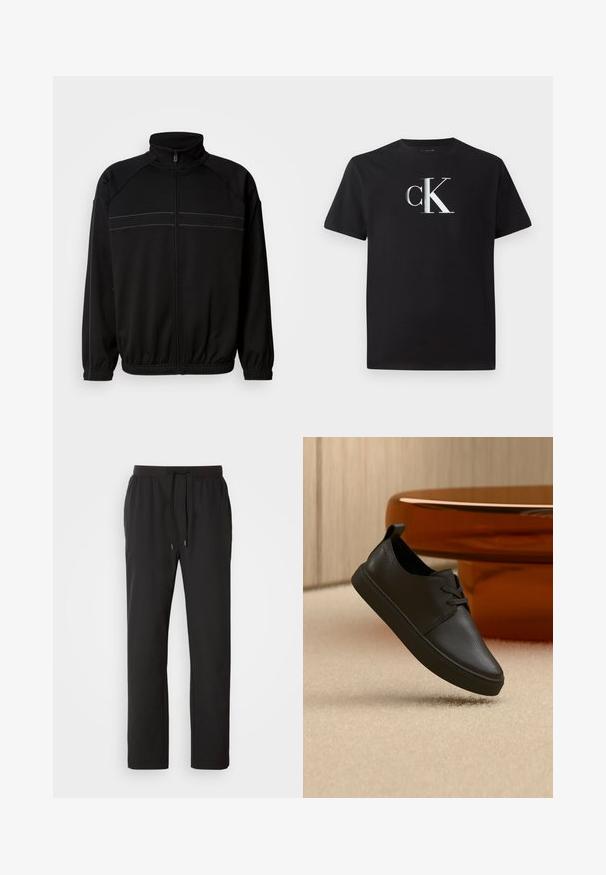 Zwarte zip-up jas van zacht materiaal, met een hoge kraag, elastische manchetten en decoratieve horizontale strepen over de borst.; Zwarte katoenen t-shirt met een zilveren "ck" logo aan de voorkant. Korte mouwen en een ronde halslijn met een normale pasvorm.; Zwarte joggingbroeken van lichtgewicht stof, met een elastische tailleband en verstelbare trekkoorden, evenals zijzakken. Soepele textuur.; Zwarte leren casual sneaker met veters, zwevend boven een beige tapijt, met een amberen glazen ronde tafel op de achtergrond.