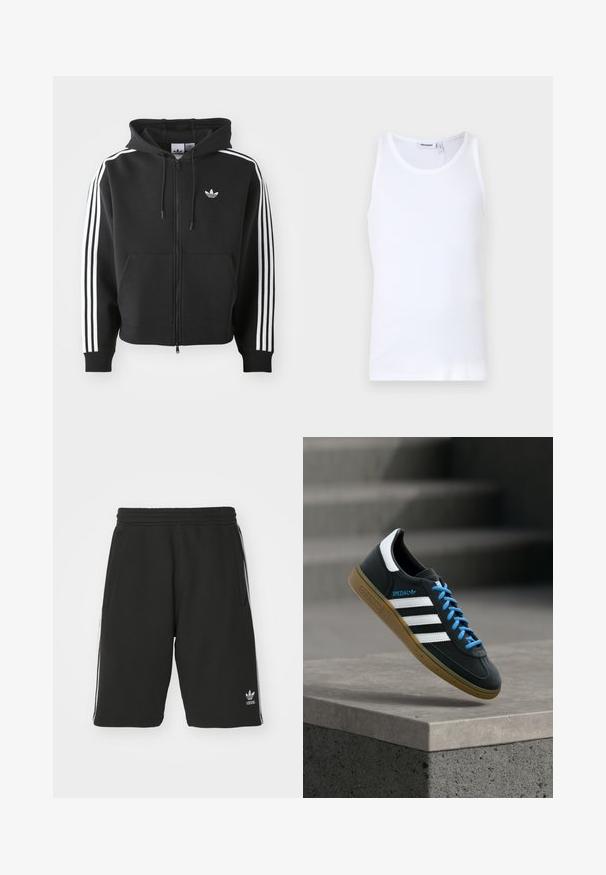 Sort zip-up hoodie lavet af bomuldsblanding, med en frontlomme, snoretræk i hætten og hvide striber i tre på ærmerne.; Hvid bomulds tanktop med rund hals og brede stropper. Glat tekstur, ingen mønstre, enkelt design og mærkeetiket på halsudskæringen.; Sort shorts lavet af bomuldsblandet materiale med elastisk talje, med hvide sidelister og et lille logo nederst til venstre.; Sort Adidas sneaker med hvide striber, blå snørebånd og gummisål, der svæver over gråt betontrin i blødt lys.