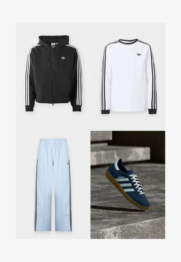 Mustast puhvri, mis on valmistatud puuvillase seguga, esipocketiga, reguleeritava kapuutsiga ja valgete kolmestriibuliste detailidega varrukatel.; Valge pika varrukaga Adidas särk musta ümarkaeluse, mustade varrukaäärte ning kolme musta triibuga varrukatel ja musta kolmelehelogo rinnal.; Hele sinised spordipüksid elastse vöökohaga, mustade küljeribadega ja väikese musta Adidas logo vasakul reiel.; Sinine Adidas Spezial tennisk, valgete triipude ja paeltega, kummist tallaga, hõljub kareda betoonpinna ja sammude kohal taustal.