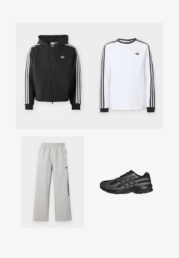 Sort zip-up hoodie lavet af bomuldsblanding, med en frontlomme, snoretræk i hætten og hvide striber i tre på ærmerne.; Hvid langærmet Adidas-trøje med sort rund hals, sorte manchetter, tre sorte striber ned langs ærmerne og sort trekløverlogo på brystet.; Lysegrå vidtløftede joggingbukser med elastisk talje og sort Adidas trefoil-logo på højre lår.; Sorte træningssko lavet af mesh og syntetiske materialer, med en tekstureret overflade, flere grå striber og en polstret krave.