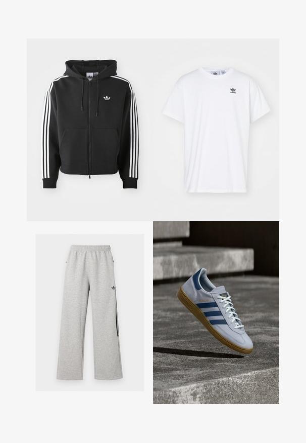 Sort zip-up hoodie lavet af bomuldsblanding, med en frontlomme, snoretræk i hætten og hvide striber i tre på ærmerne.; Hvid bomulds T-shirt med korte ærmer, rund halsudskæring og et sort Adidas-logo med tre striber på venstre brystområde.; Lysegrå vidtløftede joggingbukser med elastisk talje og sort Adidas trefoil-logo på højre lår.; Lyseblå Adidas Spezial sneakers med marineblå striber og gummisål, vist i luften over betontrapper i et neutralt udendørsmiljø.