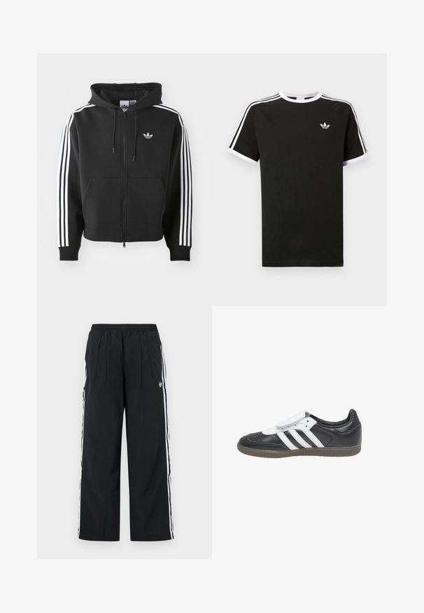 Sort zip-up hoodie lavet af bomuldsblanding, med en frontlomme, snoretræk i hætten og hvide striber i tre på ærmerne.; Sort t-shirt lavet af bomuld med hvide accenter. Har korte ærmer, raglan-design og et lille logo på brystet. Tre hvide striber på skuldrene.; Sorte bukser med vide ben og hvide striber på siden, elastisk talje, forreste læg og Adidas-logo på højre lår.; adidas Originals SAMBA LT - Sneakers - core black footwear white gum