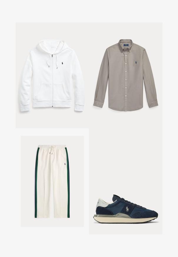 Witte rits-hoodie met een capuchon met trekkoord, voorzakken en een klein zwart logo op de linkerborst. Zachte stof en casual pasvorm.; Lichtgrijs overhemd met lange mouwen, knopen, kraag en blauw Polo Ralph Lauren geborduurd logo op de linkerborst.; Witte sweatpants met trekkoord, met marineblauwe en groene zijstrepen en een klein marineblauw polo speler logo op de rechterdij.; Donkerblauwe en witte sneaker met suède en stoffen panelen, wit logo aan de zijkant, witte hielriem en beige zool met zwart profiel.