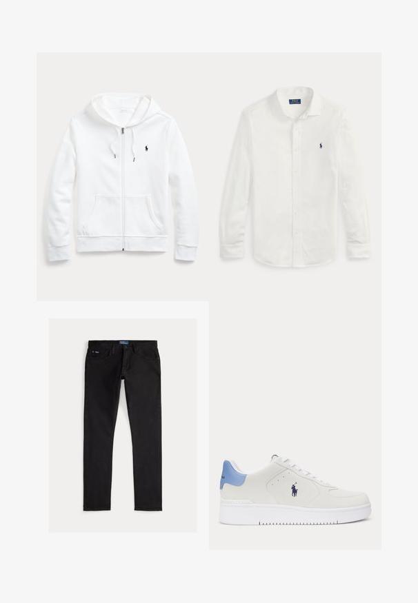 Witte rits-hoodie met een capuchon met trekkoord, voorzakken en een klein zwart logo op de linkerborst. Zachte stof en casual pasvorm.; Witte blouse met lange mouwen en knopen, voorzien van een marineblauw geborduurd Polo Ralph Lauren-logo op de linker borst.; Zwarte denim jeans met een slim fit, voorzien van vijf zakken, riemlussen en een blauw merkembleem op de tailleband. Glad, duurzaam materiaal.; Witte lage sneaker met blauwe hieltab, witte veters en donker logo van een paard en ruiter aan de zijkant, zijaanzicht.