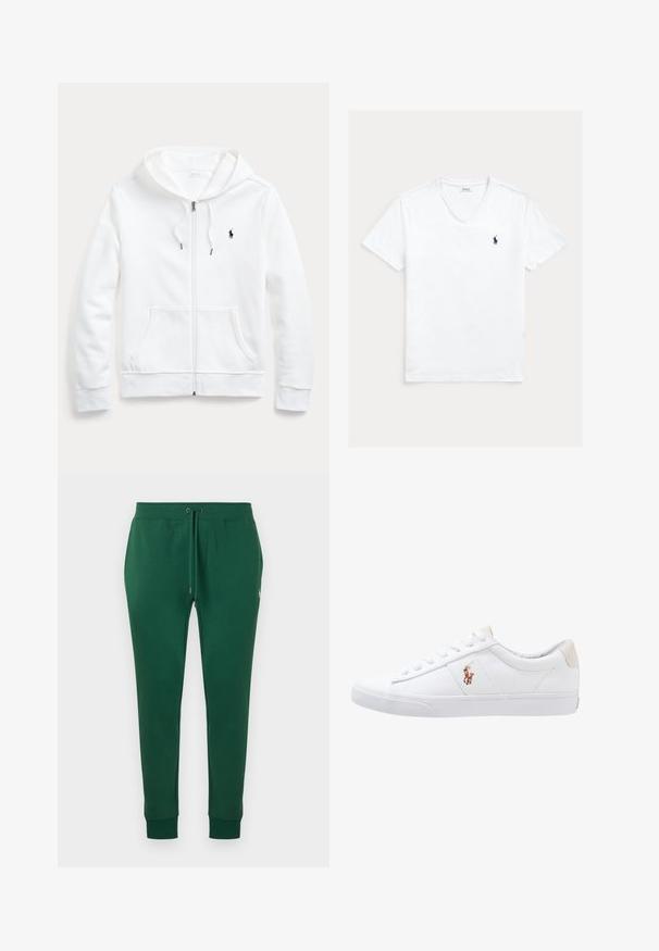 Weißer Zip-Hoodie mit Kordelzugkapuze, Taschen vorne und kleinem schwarzen Logo auf der linken Brust. Weicher Stoff und lässige Passform.; Weißes V-Ausschnitt-T-Shirt mit kurzen Ärmeln und kleinem dunkelblauem Polo Ralph Lauren Logo auf der linken Brust, flach auf hellem Hintergrund präsentiert.; Dunkelgrüne Jogginghose mit Kordelzug in der Taille, Seitentaschen, Bündchen an den Knöcheln und kleinem weiß besticktem Logo auf der rechten Hüfte.; Weiße Leinensneaker im Low-Top-Design mit einem beigen Ferseneinsatz und einem kleinen gestickten Logo an der Seite. Gummisohle.