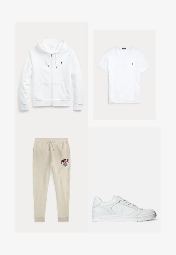 Weißer Zip-Hoodie mit Kordelzugkapuze, Taschen vorne und kleinem schwarzen Logo auf der linken Brust. Weicher Stoff und lässige Passform.; Weißes T-Shirt mit Rundhalsausschnitt und kurzen Ärmeln, mit kleinem gesticktem Polo Ralph Lauren Logo auf der linken Brust und blauem Markenetikett innen am Kragen.; Beige Sweathose mit Kordelzug und Seitentaschen sowie rotem "POLO"-Logo und Emblem am oberen linken Oberschenkel.; Weißer Ledersneaker mit glatter Textur, ausgestattet mit einer perforierten Zehenpartie, Schnürverschluss und gesticktem Logo an der Seite. Weiße Gummisohle.
