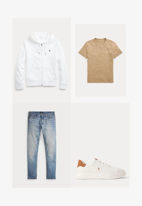Hvid zip-up hoodie med snøre i hætten, frontlommer og et lille sort logo på venstre bryst. Blødt stof og afslappet pasform.; Beige T-shirt med korte ærmer og rund halsudskæring med lille hvid polo-spillerlogo på venstre bryst.; Lys blå denimjeans med en falmet finish, fem-lomme design og kontraststing. Har lynlås og bæltesløjfer. Lige pasform.; Hvid lavtop sneaker med tan hælfane, hvide snørebånd og lille broderet polo-spiller logo på siden over en tyk sål.