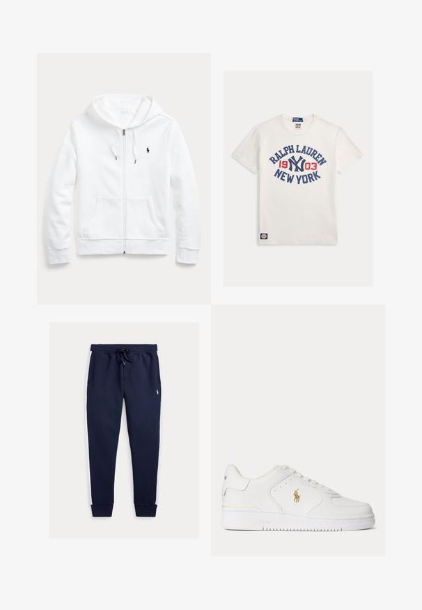 Biela mikina na zips s kapucňou so šnúrkou, prednými vreckami a malým čiernym logom na ľavom prsníku. Mäkko látkový materiál a ležérny strih.; Biele bavlnené tričko s modro-červeno grafickým nápisom "RALPH LAUREN 1903 NEW YORK" v kruhovom dizajne. Obsahuje malý štítok s logom.; Tmavomodré tepláky s bielymi bočnými panelmi, elastickým pásom so šnúrkou, rebrovanými manžetami a malým vyšívaným logom na hornej časti nohy.; Biele kožené nízke tenisky s bielymi šnúrkami a zlatým logom Polo Ralph Lauren na boku a "Polo" vyrazeným na podrážke.