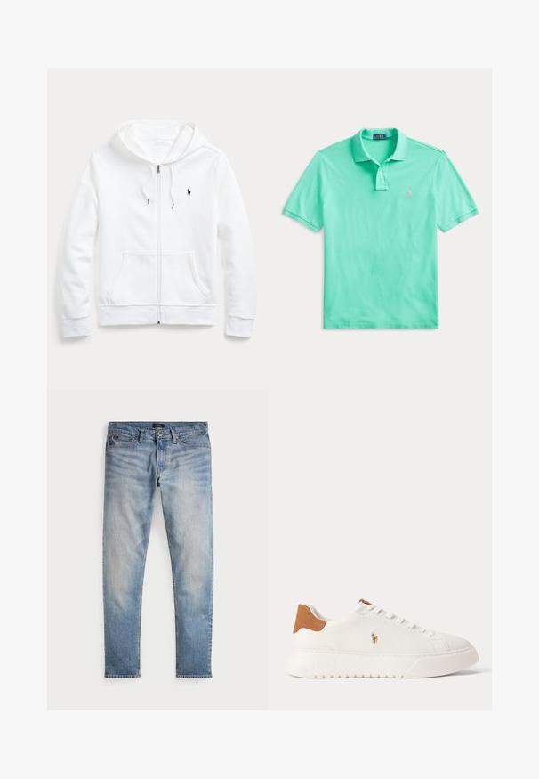 Weißer Zip-Hoodie mit Kordelzugkapuze, Taschen vorne und kleinem schwarzen Logo auf der linken Brust. Weicher Stoff und lässige Passform.; Mintgrünes Polohemd mit kurzen Ärmeln, Kragen, Zwei-Knopf-Leiste und kleinem, pink besticktem Logo auf der Brust.; Helle blaue Denim-Jeans mit einem ausgewaschenen Finish, Fünf-Taschen-Design und kontrastierenden Nähten. Mit Reißverschluss und Gürtelschlaufen. Gerade geschnitten.; Weißer Sneaker mit niedrigem Schaft, beige Fersenlasche, weißen Schnürsenkeln und kleinem, besticktem Polospieler-Logo an der Seite über einer dicken Sohle.