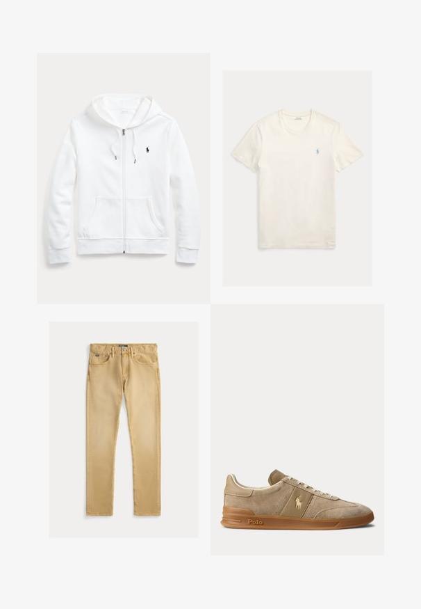 Witte rits-hoodie met een capuchon met trekkoord, voorzakken en een klein zwart logo op de linkerborst. Zachte stof en casual pasvorm.; Wit katoenen T-shirt met een ronde hals en korte mouwen, met een klein blauw geborduurd logo op de linkerborst. Soepele textuur, reguliere pasvorm.; Beige katoenen jeans met een slim fit, vijf zakken en zichtbare stiksels. Voorzien van een metalen knoop en label op de tailleband.; Beige suède en leren lage sneaker met gumzool, witte veters en Polo-logo op de zijkant en zool.