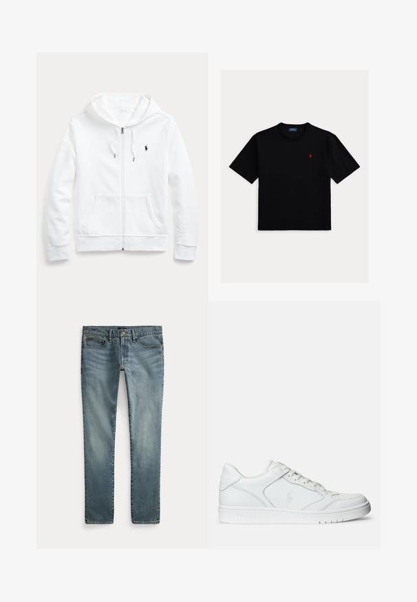 Hvid zip-up hoodie med snøre i hætten, frontlommer og et lille sort logo på venstre bryst. Blødt stof og afslappet pasform.; Sort kortærmet t-shirt lavet af bomuld, med rund halsudskæring og et lille rødt polo-logo på venstre bryst.; Blå denim jeans med lige ben, forlommer, bæltestropper og knaplukning.; Hvide lædersneakers med en glat tekstur, der har en perforeret tå, snørebåndslukning og broderet logo på siden. Hvid gummisål.