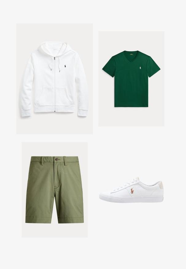 Biela mikina na zips s kapucňou so šnúrkou, prednými vreckami a malým čiernym logom na ľavom prsníku. Mäkko látkový materiál a ležérny strih.; Tmavozelené tričko s krátkym rukávom a výstrihom do V s malým bielym vyšívaným logom Polo Ralph Lauren na ľavej strane hrude.; Krátke nohavice olivovej zelenej farby z bavlnenej zmesi, s gombíkovým zapínaním, pútkami na opasok a priamym strihom s olemovanými lemy.; Biele plátenné tenisky s nízkym strihom, ktoré majú béžový opasok na päte a malé vyšívané logo na boku. Gumová podrážka.