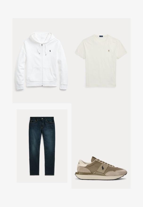 Weißer Zip-Hoodie mit Kordelzugkapuze, Taschen vorne und kleinem schwarzen Logo auf der linken Brust. Weicher Stoff und lässige Passform.; Weißes kurzärmeliges Baumwoll-T-Shirt mit Rundhalsausschnitt, kleinem besticktem Polo Ralph Lauren Logo auf der linken Brust.; Dunkelblaue Slim-Fit-Jeans mit leichtem Verblassen und Fünf-Taschen-Design, flach auf weißem Hintergrund liegend.; Seitenansicht eines beige- und braunen Sneakers mit Wildleder-Akzenten und Polo-Logo an der Seite vor einfachem Hintergrund.