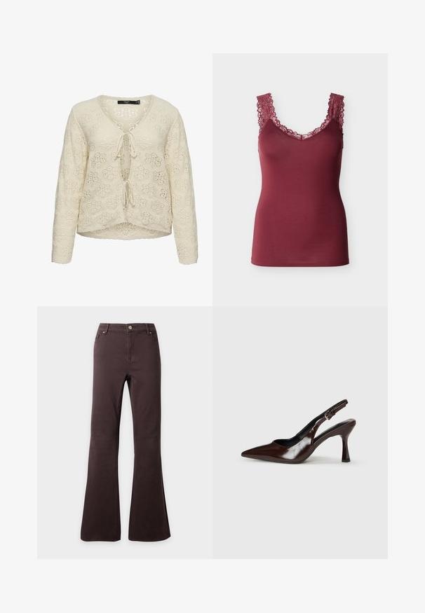 Kremfarvet strikket cardigan med lange ærmer, blomsterblonde mønster og to bindelukninger foran.; Ærmeløs bordeaux camisole med blonder trim på stropper og udskæring, tætsiddende pasform, vist på ensfarvet baggrund.; Mørkebrune højtaljede denimjeans med vidde i benene, knap- og lynlåslukning samt lommer foran og bagpå.; Brune patenterede læderslingback-sandaletter med spids tå, en tynd hæl og justerbar rem med en lille spænde.
