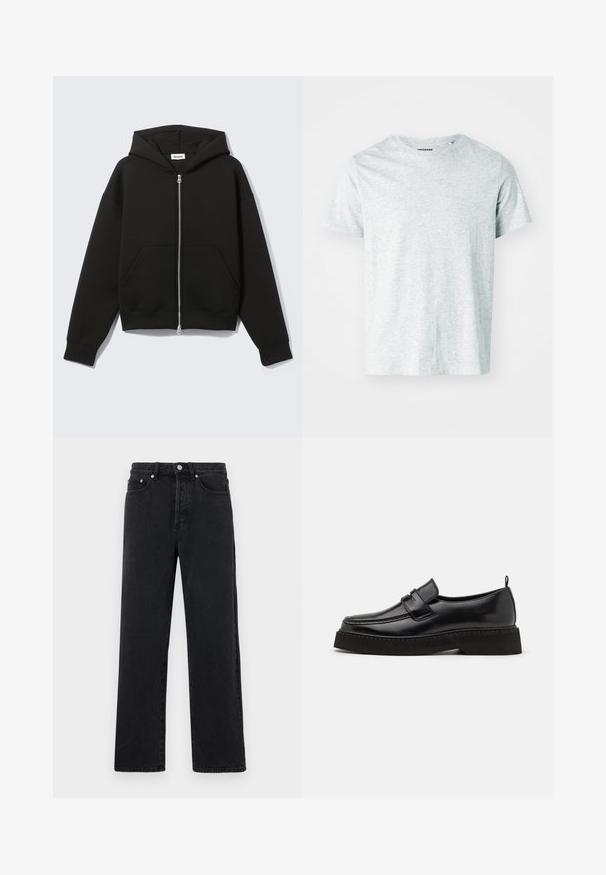 Sweat à capuche zippé noir avec capuche fixée et poches kangourou devant, posé à plat sur un fond clair.; T-shirt gris clair à manches courtes en tissu doux, avec un col rond et une coupe légèrement décontractée. Aucun motif ou graphique visible.; Jean droit en denim noir avec taille haute, cinq poches et fermeture à bouton métallique. Le tissu a une texture lisse et un léger éclat.; Chaussures en cuir noir de style mocassin avec une semelle plate et texturée, présentant un bout piqué et une sangle traversant le cou-de-pied.