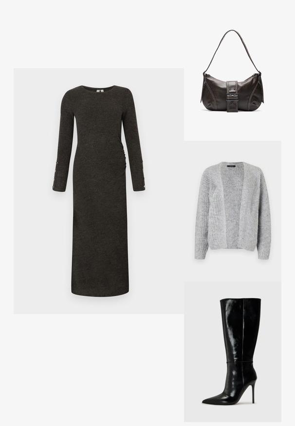 Vero Moda VMNOVAH - Cardigan - medium grey; Langærmet, mørkegrå ribbet kjole med en tætsiddende silhuet og sidelæg. Har knapdetaljer på ærmekanterne, blød tekstur.; Sorte læderknælange støvler med spids tå og høj stilettohæl. Glat tekstur og slank design, med minimalt detaljer.; Brun læder skuldertaske med en buet form, der har et fremtrædende spænde, kontrasterende syninger og en enkelt skulderrem.