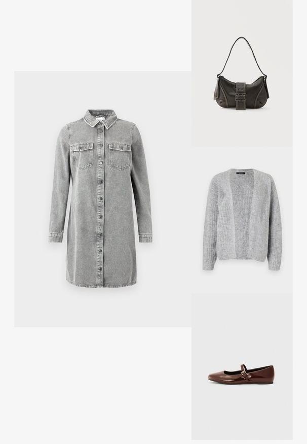 Vero Moda VMNOVAH - Strickjacke - medium grey; Grau-farbenes Jeanskleid mit Kragen, langen Ärmeln, durchgehendem Knopfverschluss und zwei Brusttaschen. Verfügt über einen lockeren, geraden Schnitt.; Braune Lackleder-Ballerinas mit quadratischer Zehenform und Riemen mit einer kleinen goldenen Schnalle. Glatte Textur, niedriger Absatz und minimalistisches Design.; Schwarze Leder-Schultertasche mit Schnallengurt-Detail, abgerundeten Kanten und kontrastierenden weißen Nähten auf schlichtem Hintergrund.
