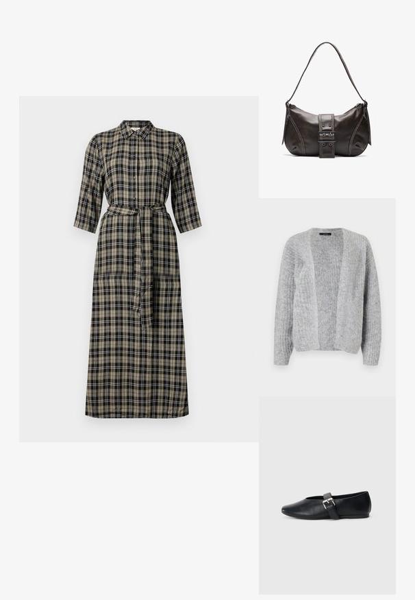 Vero Moda VMNOVAH - Neuletakki - medium grey; Pitkä ruudullinen mekko, jossa on kaulus, nappi-edessä, kolmivartiset hihat ja vyötärölle sidottu nauha. Värit sisältävät mustaa, beigeä ja valkoista.; Musta nahkakengät, joissa on pyöreä varvastyyli, sivussa solkokiinnitys ja sileä pinta. Matala pohja helppoa käyttöä varten.; Ruskea nahkainen olkalaukku, jossa on kaareva muoto, erottuva solk yksityiskohta, kontrastivärinen ommel ja yksi olkahihna.