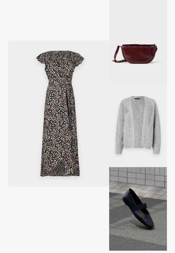 Vero Moda VMNOVAH - Cardigan - medium grey; Sort blomster maxi kjole med korte flæseærmer, featuring en tætsiddende talje og en svævende nederdel prydet med pink, blå og beige blomster.; Sort læder flad sko med rund tå, der har en blød sort elastisk strop over vristen. Glat tekstur og minimalistisk design.; Vinrød læderhåndtaske med halvmåneform, lynlås og aftagelig rem. Glat tekstur med en subtil glans.