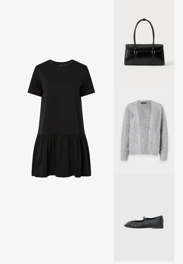Vero Moda VMNOVAH - Strickjacke - medium grey; Schwarzes kurzärmeliges Kleid mit Rundhalsausschnitt und gesammeltem Volantsaum, knielang, aus weichem Stoff.; Schwarzer flacher Schuh mit plissiertem Vorderteil und einer gebundenen Schleife oben, niedriger Absatz und glatter Textur auf hellgrauem Hintergrund.; Schwarze, rechteckige Lederhandtasche mit Klappverschluss und zwei langen Griffen vor weißem Hintergrund.