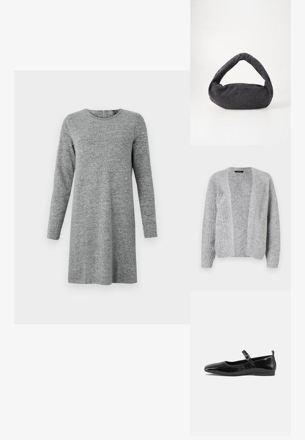Vero Moda VMNOVAH - Cardigan - medium grey; Langærmet, lysegrå, strikket kjole med rund halsudskæring og lynlås i ryggen.; Sorte patentlæder flade sko med spidse tæer, en ankelrem med spænde og en glat, blank tekstur. Lav hæl for komfort.; Mørkegrå stofpose med et buet håndtag, blød tekstur og rund form. Ingen synligt hardware eller pynt.
