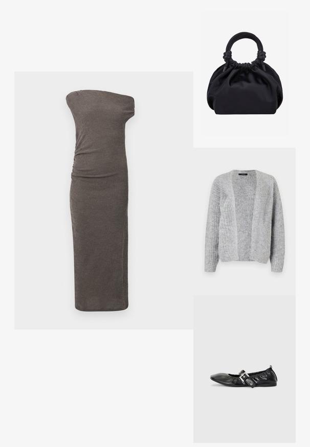 Vero Moda VMNOVAH - Cardigan - medium grey; Off-shoulder, tætsiddende kjole i mørkegrå ribbet stof, med sideliv og en lige silhuet, der når under knæet.; Sorte læder flade sko med spids tå, samling detaljer omkring åbningen, og en sølv spænde accent på den justerbare rem.; Sort blød stofhåndtaske med samlet top og afrundede håndtag knyttet ved bunden mod en ensartet lys baggrund.